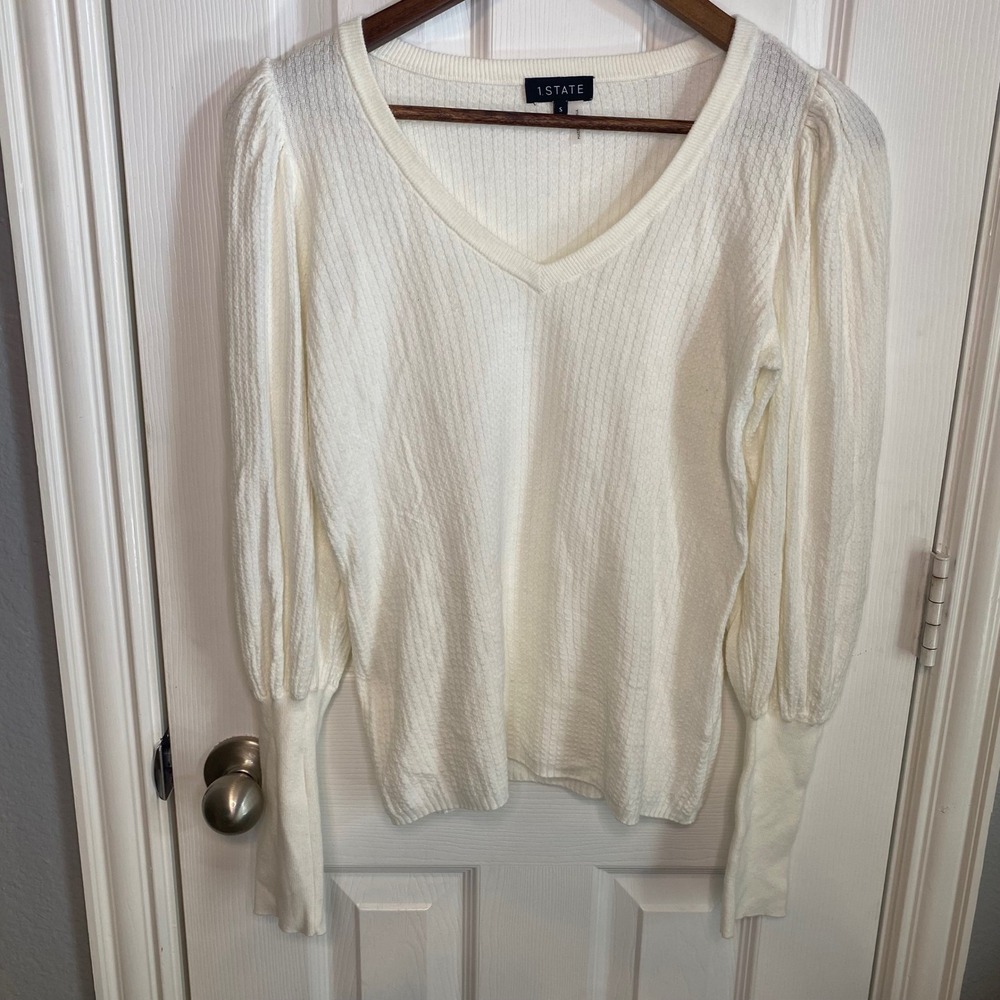 1 STATE‎ Women's Small Cream White Textured Puff Sleeve V Neck Sweater